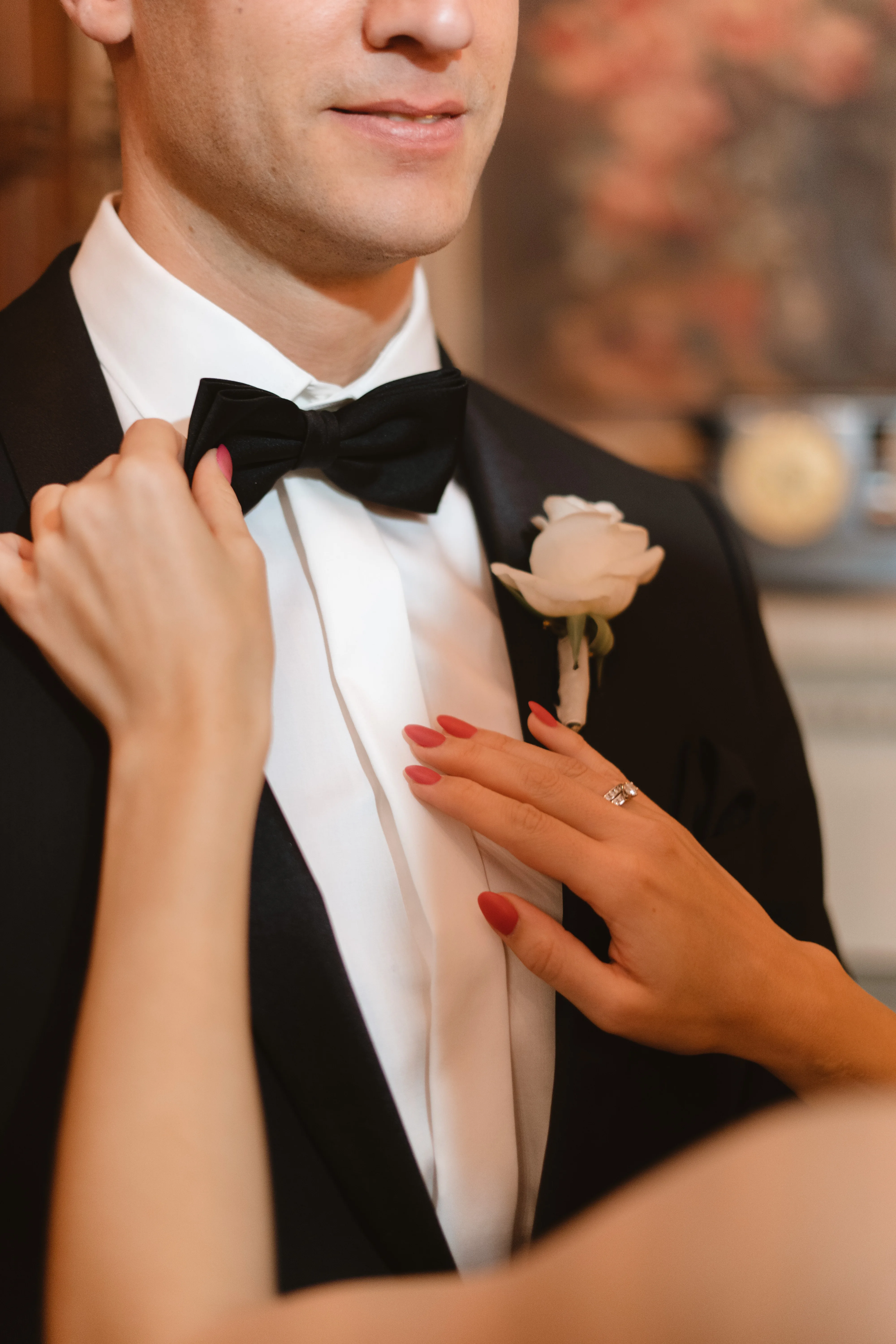 Smoking Detail - Seidenrevers und Fliege beim Hochzeitsanzug