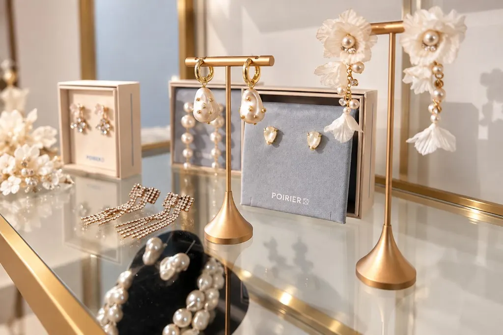 Brautschmuck und Accessoires von Poirier auf einem Gold-Glas-Regal bei La vera sposa in Köngen (Mit KI bearbeitet)