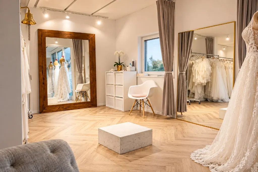 Anprobe-Bereich bei La vera sposa in Köngen mit großen Spiegeln, Podest und Fischgrätparkett (Mit KI bearbeitet)