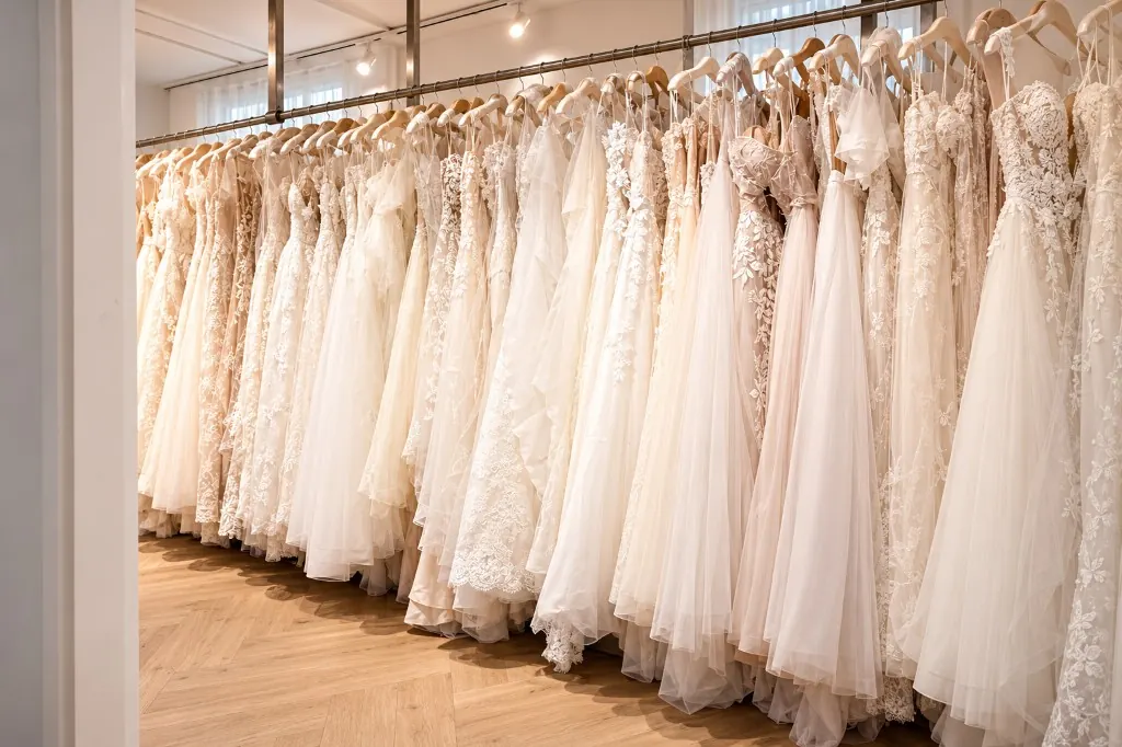 Reihe weißer Brautkleider an der Kleiderstange im Showroom La vera sposa Köngen (Mit KI bearbeitet)