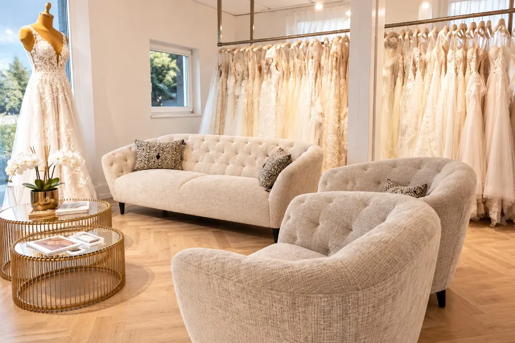 Lounge im Brautmodengeschäft La vera sposa Köngen mit Sofas, Couchtischen und Kleiderstangen voller Brautkleider (Mit KI bearbeitet)