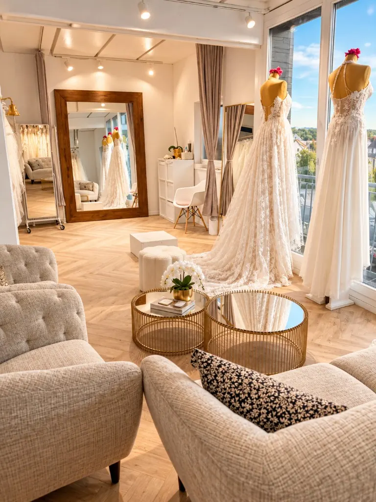 Sitzecke im Brautladen La vera sposa Köngen mit Sesseln, Couchtisch und Brautkleidern am Fenster (Mit KI bearbeitet)