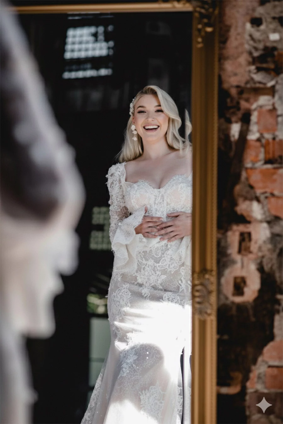 Braut im Spitzenkleid lächelt in einen Spiegel, rustikale Backsteinwand im Hintergrund.