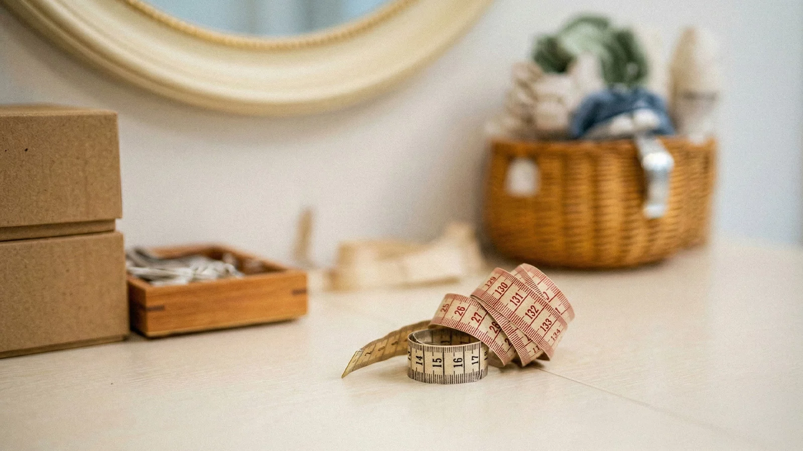 la-vera-sposa_brautkleid-pflege-guide-01 Maßband auf Tisch neben Karton, Holzkiste und geflochtenem Korb. Hintergrund unscharf mit Spiegel und Textilien.