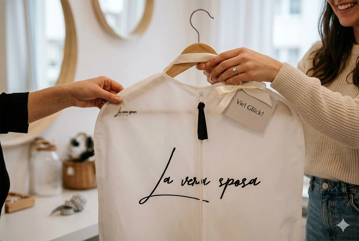 la-vera-sposa_brautkleid-pflege-guide-02 Zwei Personen halten einen Kleidersack mit der Aufschrift La vera sposa und einer Karte Viel Glück in einem hellen Raum.