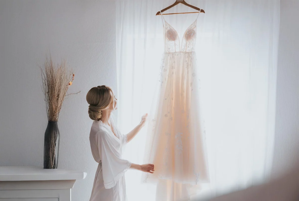 Frau in weißem Morgenmantel betrachtet ein Hochzeitskleid am Fenster. Trockene Gräser in Vase auf Kommode links.
